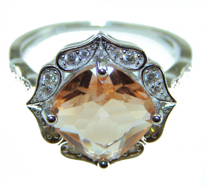 Authentic Morganite cushion cut 10.2 carat volcanic Morganite .925 Sterling Silver ring s. 8 - Close-up of an authentic 10.2 carat cushion cut morganite ring.