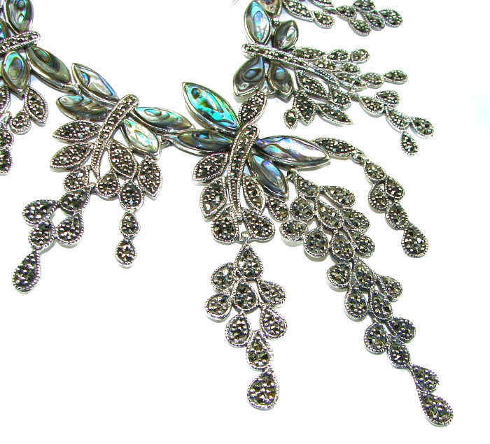 HUGE 80.5 grams Seven Butterflies design genuine Raibow Abalone .925 Sterling Silver handcrafted Necklace - Close-up of intricate butterfly design with abalone and marcasite stones.