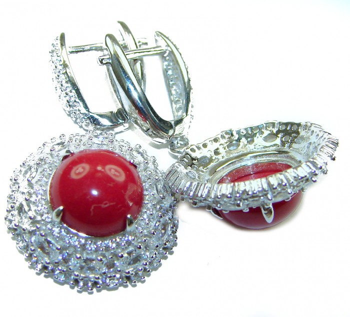 Elizabeth Natural Fossilized Coral .925 Sterling Silver handcrafted earrings - Sterling silver earrings with coral stone, close-up of stone and setting.