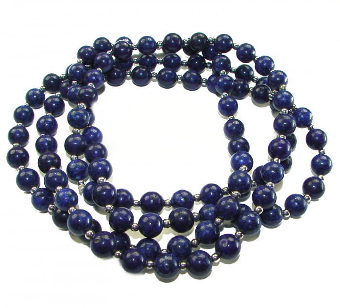 Boho Style 105.2 grams Lapis Lazuli .925 Sterling Silver handmade necklace - Lapis Lazuli bead necklace, overhead view, with silver accents.