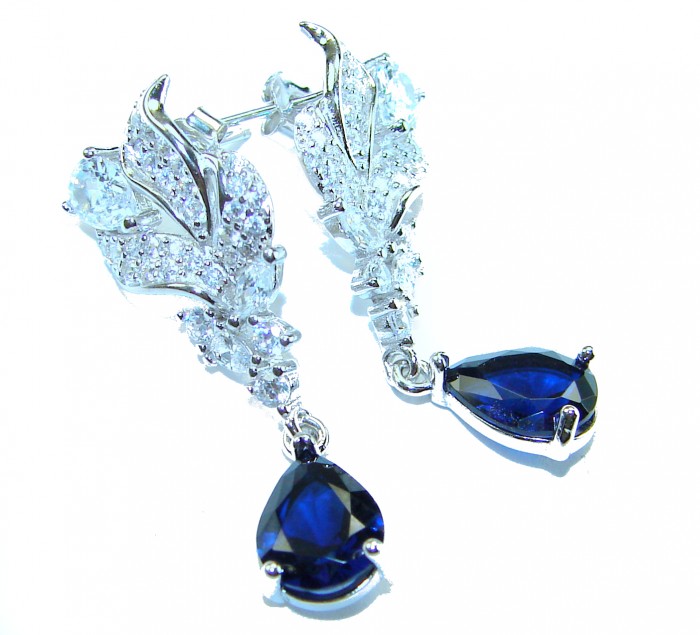 Giovanna - Authentic pear cut 3.9 carat Sapphire .925 Sterling Silver handcrafted earrings - Elegant sapphire earrings, front view, with intricate sterling design