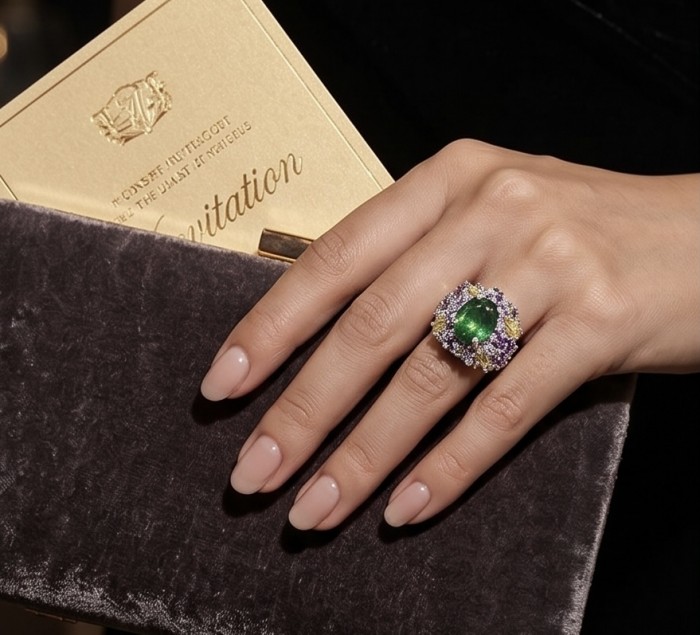 Green Aura 8.4 carat fancy cut Topaz .925 Sterling Silver handcrafted Large ring size 5 adjustable - Hand wearing "Green Aura" 8.4 ct topaz ring, holding an invitation.