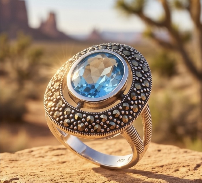Dolce Vita 25.3 carat genuine Swiss Blue Topaz .925 Sterling Silver dipped rhodium handcrafted Large ring size 6 - Close-up of vintage ring with Swiss Blue Topaz in desert background