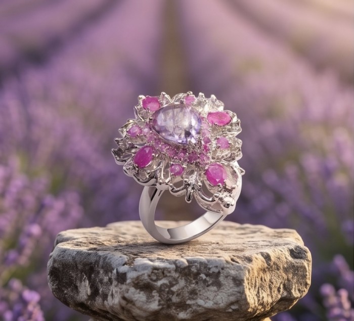 Francesca Genuine 18.7 carat Amethyst Kashmir Ruby rhodium over .925 Sterling Silver handcrafted Statement Ring size 7 - Close-up of Francesca ring with amethyst and rubies on a stone background.