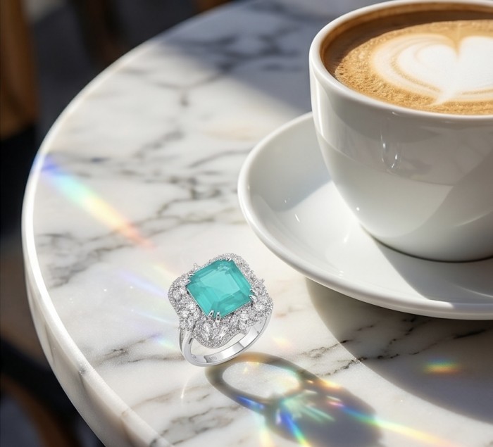 Elizabeth princess cut 14.8 carat Colombian Emerald 12.3 carat Moissanite .925 Sterling Silver dipped in Rhodium handcrafted Ring size 8 - Emerald ring on marble table with cappuccino, top view.