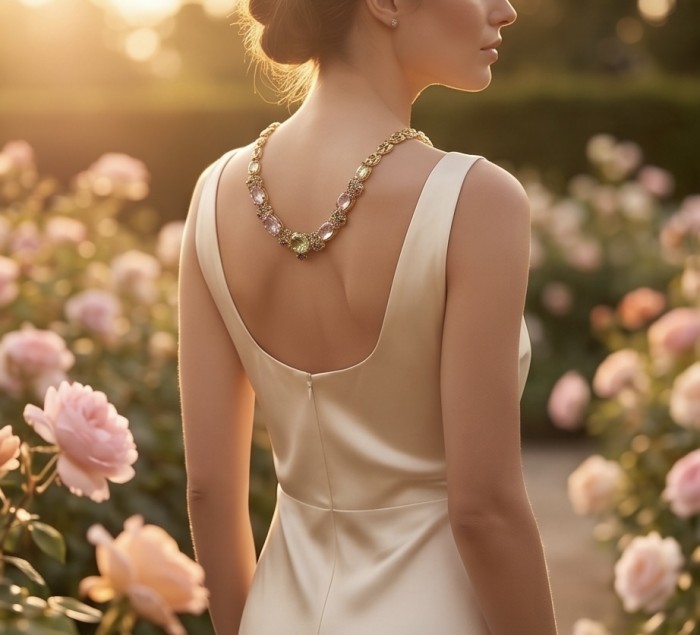 Special finding - Giovanna 195.5 carat Lemon Quartz Amethyst 18k Gold over .925 Sterling Silver handmade STATEMENT necklace - Side view of necklace with lemon quartz and amethyst on model in garden.