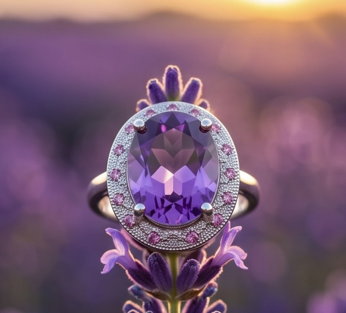 Purple Symphony 15.5 carat natural Amethyst rhodium over .925 Sterling Silver Handcrafted Ring size 8 adjustable - Close-up of Purple Symphony Amethyst ring with floral backdrop