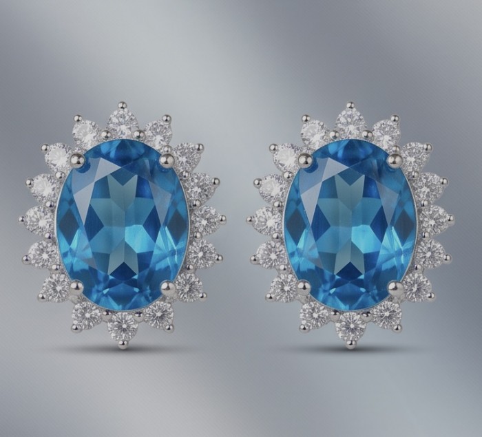 Atlantica 8.7 carat Swiss Blue Topaz .925 Sterling Silver Handcrafted earrings - Close-up of Atlantica 8.7 carat Swiss Blue Topaz earrings.