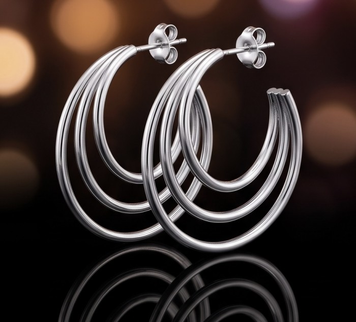 Free Spirit bohemian Style .925 Sterling Silver handmade Bali made Oversized Earrings - Side view of Sterling Silver bohemian hoop earrings with layered design.