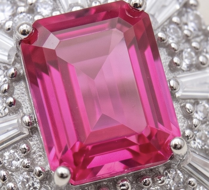 Anastasia 6.8 carat Pink Sapphire .925 Sterling Silver dipped in Rhodium Handcrafted Statement Ring size 7 - Close-up of Anastasia 6.8ct pink sapphire in sterling silver setting.