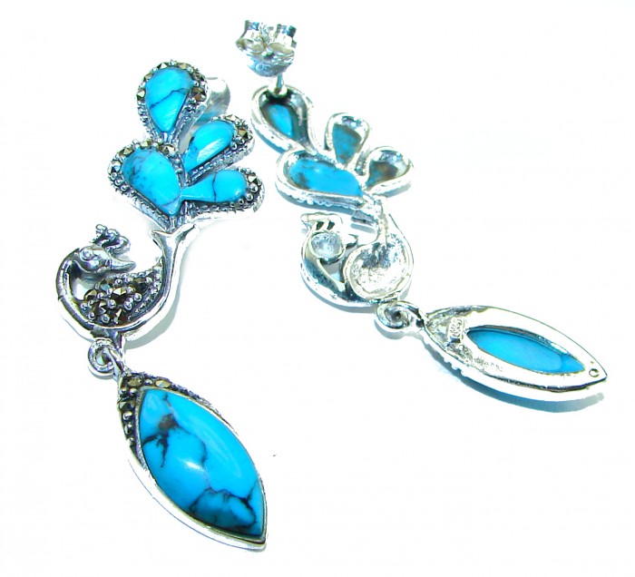 Great authentic inlay Turquoise .925 Sterling Silver handcrafted Earrings - photo 1