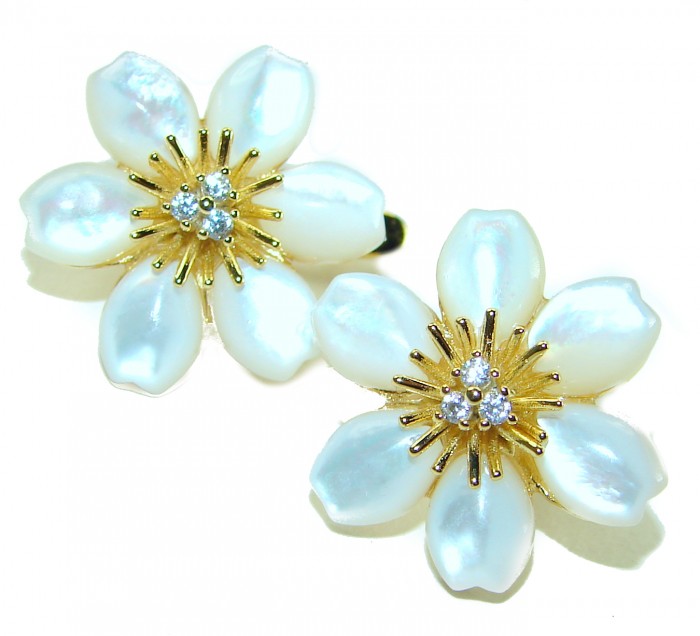 Genuine Blister Pearl lab grown Diamond 18K Gold over .925 Sterling Silver handcrafted Large Statement Earrings - photo 4