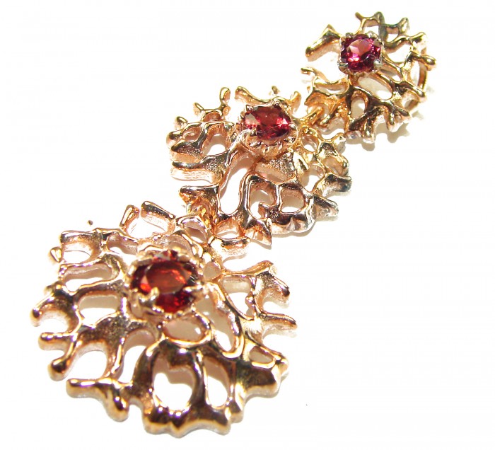 Ocean Reef Garnet 14K Gold over .925 Sterling Silver handmade pendant - Gold and garnet earrings close-up, intricate ocean reef design.