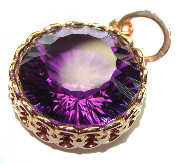 Deep Purple 10.2 carat natural Amethyst 18K Gold over .925 Sterling Silver handcrafted Pendant - Close-up of deep purple amethyst pendant in gold setting