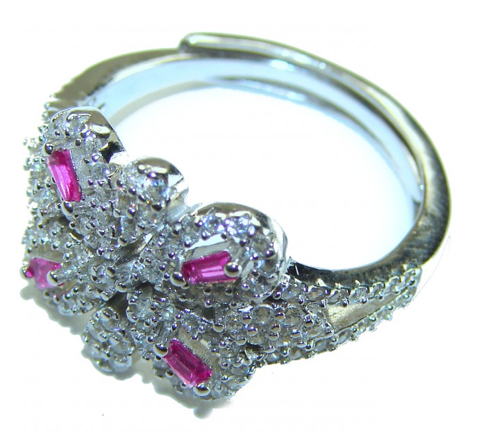 Pure Luxury 4.2 carat natural Ruby .925 Sterling Silver handmade Statement Sterling Silver ring size 6 3/4 - Close-up of a sterling silver ring with rubies and detailed setting.