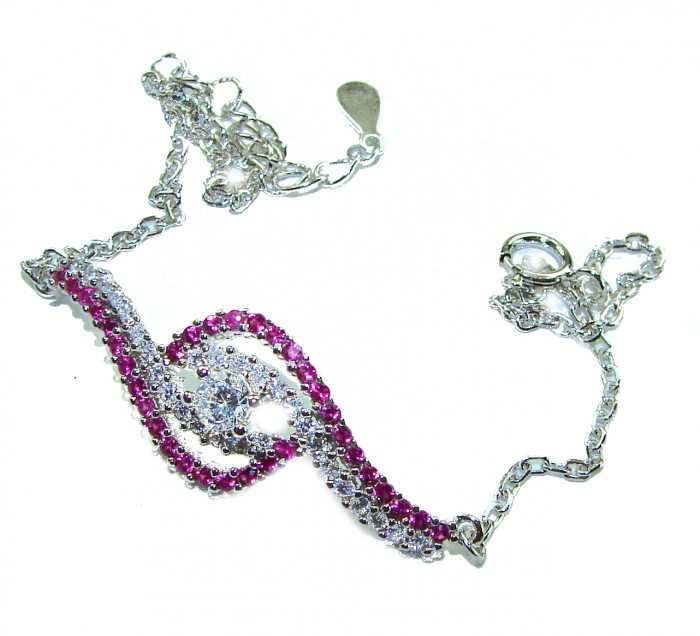 7.5 carat Ruby .925 Sterling Silver handmade Statement Bracelet - Ruby and silver bracelet, top view, showing chain and centerpiece design.