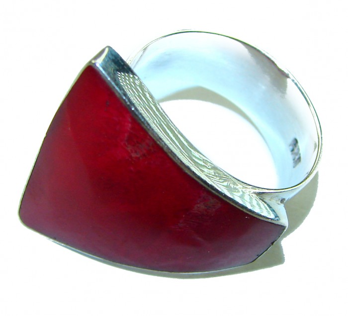 Bohemian Style Natural Fossilized Coral .925 Sterling Silver handmade ring s. 7 adjustable - Bohemian ring side view, red coral and sterling silver design.