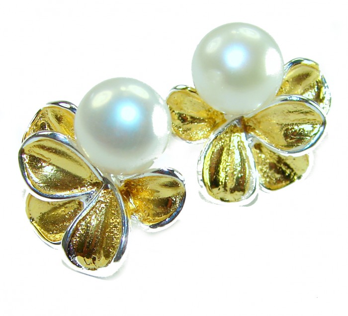 Genuine Pearl 14K Gold over .925 Sterling Silver handcrafted Statement Earrings - Pearl earrings in gold over silver, front view showing floral design.