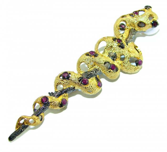 Golden Boa Snake 12.5 carat Ruby 14K Gold over .925 Sterling Silver handcrafted Pendant Brooch - Golden snake bracelet with red stones, side view.