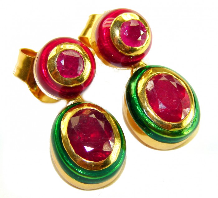 Countless Blessings Genuine 4.5 carat Authentic Ruby enamel 18K Gold over .925 Sterling Silver handcrafted earrings - Close-up of Countless Blessings ruby earrings with gold and enamel detail.