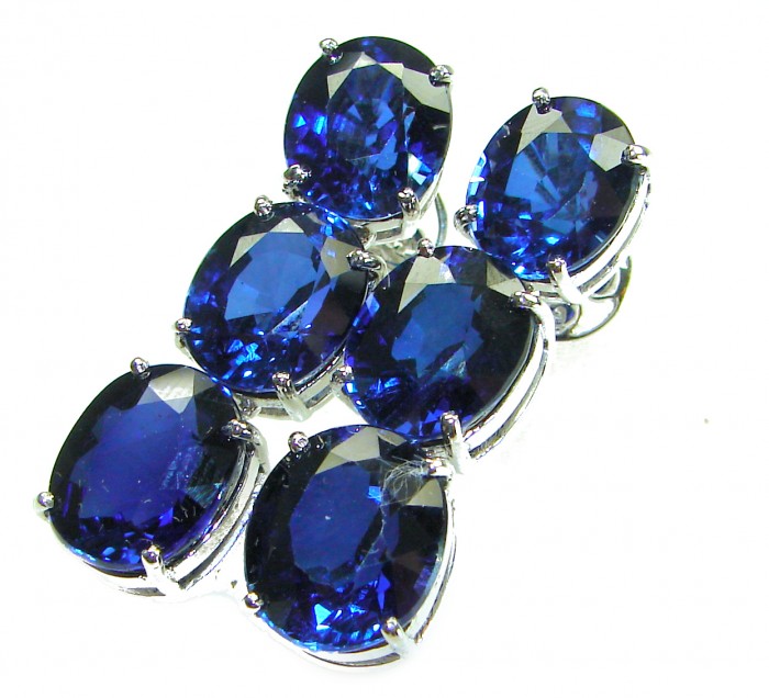 Oceania - Deep Ocean 22.5 carat London Blue Topaz .925 Sterling Silver handmade Statement earrings - Close-up of Oceania 22.5ct London Blue Topaz in sterling silver setting