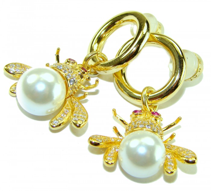 Precious Bees Genuine Pearl 14K Gold Gold over .925 Sterling Silver handcrafted Statement Earrings - Close-up of gold bee earrings with pearls and gemstones.