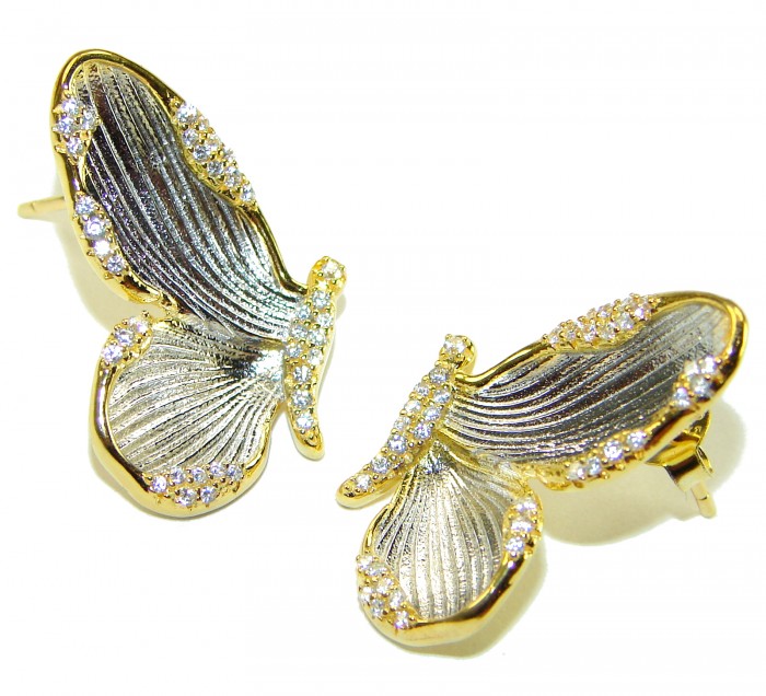 Golden Butterfly White Topaz highly polished 18K Gold over .925 Sterling Silver Italy made Earrings - Butterfly earrings, top view, gold with white topaz accents.