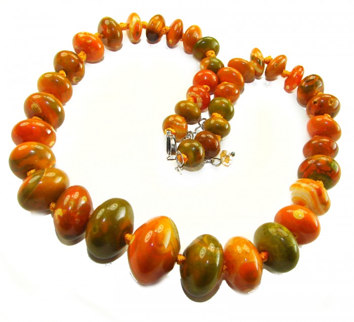 Top quality Rare Unusual Natural Mookiate .925 Sterling Silver Necklace - Carnelian Agate bead necklace with clasp detail, top view.