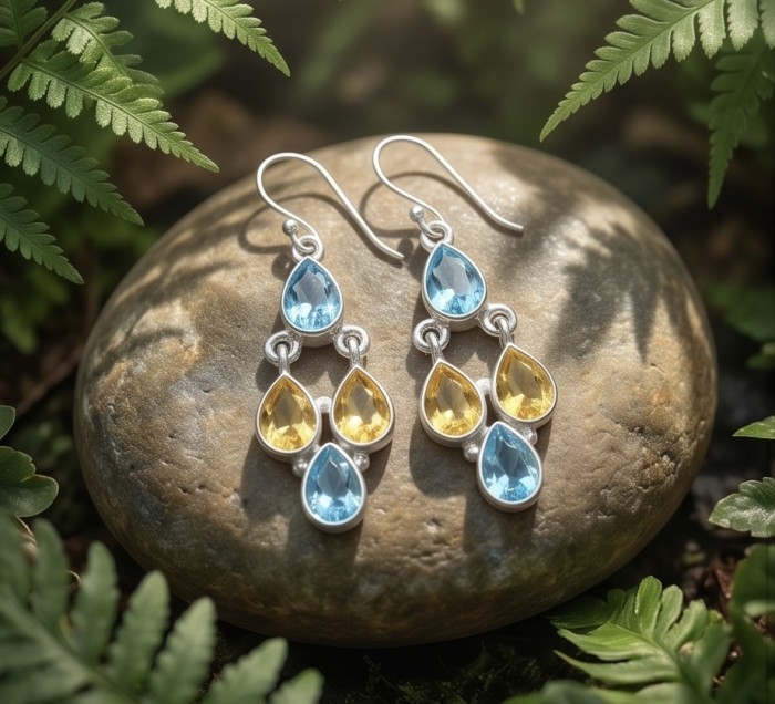Fiesta Authentic 10.7 carat Multigem .925 Sterling Silver handcrafted earrings - Pair of dangling multigem earrings on a stone with leafy background