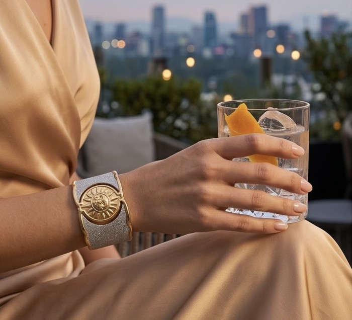 Renewal - Byzantine design Authentic Topaz 14K Gold over .925 Sterling Silver handcrafted Bracelet / Cuff - Wrist wearing Byzantine design bracelet, drink in hand, city skyline backdrop.