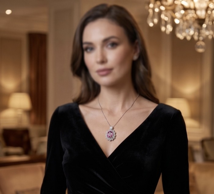 Incredible oval cut 18.8 carat Pink Sapphire .925 Sterling Silver handcrafted pendant - Woman wearing Pink Sapphire necklace in elegant setting