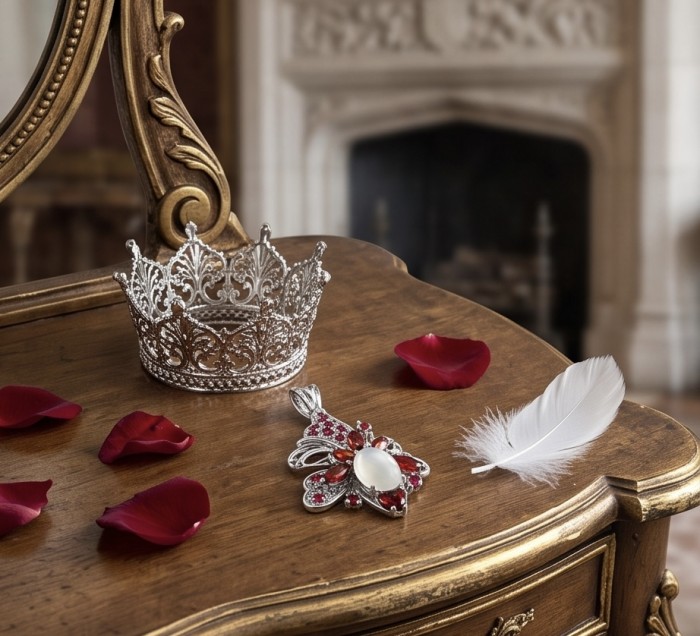 Vintage Beauty 12.9 carat ROSE QUARTZ 18K Gold over .925 Sterling Silver handcrafted pendant - Crown and pendant on wood table with red petals and white feather.