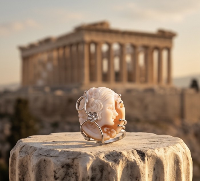 Exquisite oval Cameo real carved Ocean Shell .925 Sterling Silver handcrafted Made in Italy Statement ring; s. 7 ADJUSTABLE - Side view of cameo ring with Parthenon in background.