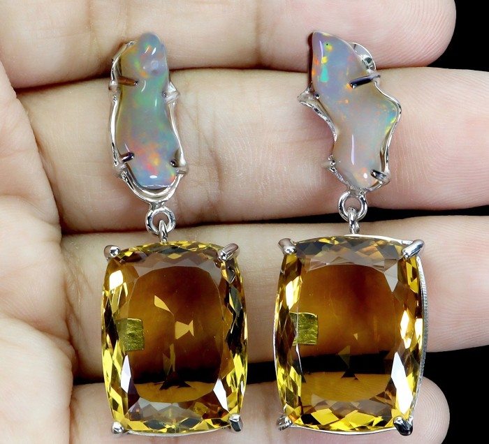 Esperanza - Luxurious 22.2 Lemon Quartz rough real Australian Opal rhodium over .925 Sterling Silver handmade Earrings - Close-up of Esperanza earrings with lemon quartz and opal stones.