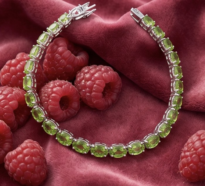 Vittoria Natural 27.7 carat Brazilian Peridot Rhodium over .925 Sterling Silver handmade Statement Bracelet - Peridot bracelet on velvet with raspberries, angled top view.