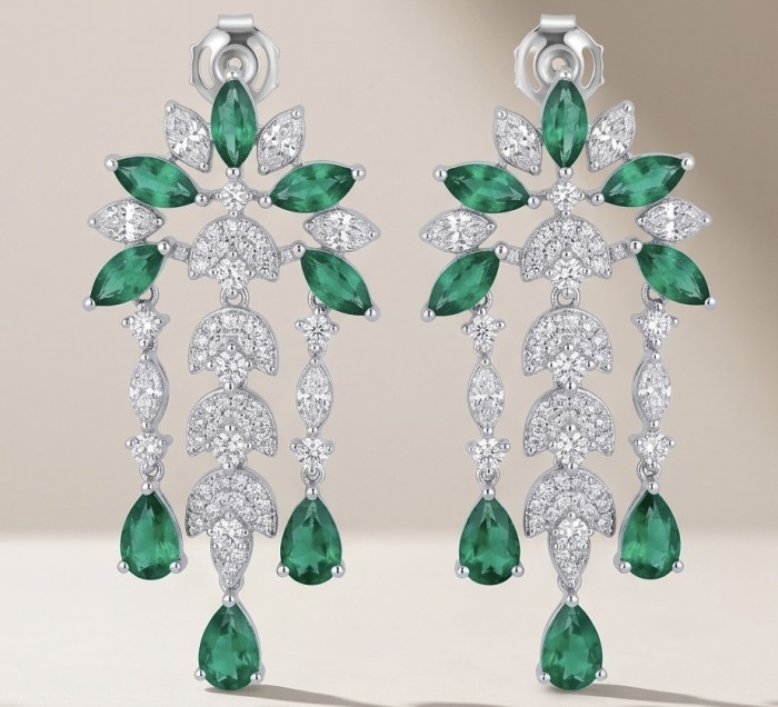 Giovanna - Authentic 8.5 CARAT natural Colombian Emerald .925 Sterling Silver handcrafted Statement earrings - Emerald drop earrings front view with diamonds and green stones.