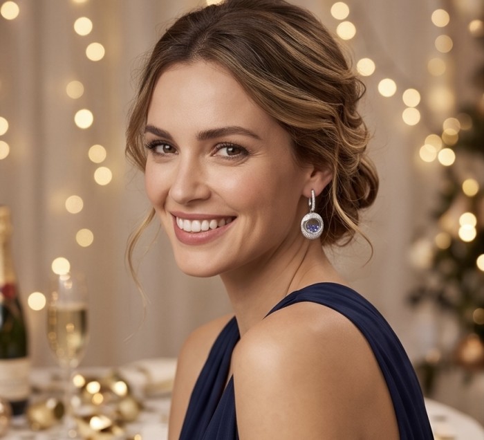 Floating Memories 11.5 carat Sapphire .925 Sterling Silver Handcrafted Statement earrings - Woman wearing earrings, side view, festive background.
