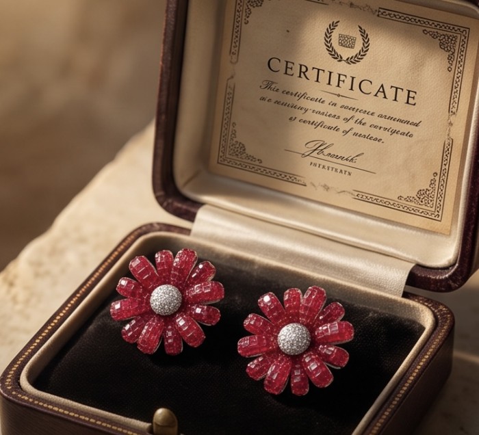 Giuseppina - mystery setting 9.8 carat authentic Mozambique Ruby .925 Sterling Silver handcrafted Statement earrings - Red flower earrings in box, top view, with certificate background.