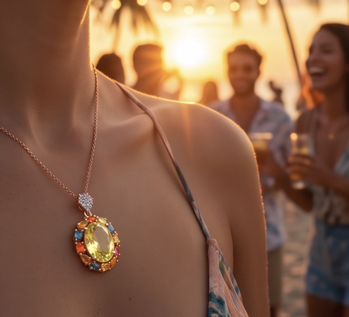 Giovanna 16.2 carat authentic oval cut Brazilian Citrine 18K Gold over .925 Sterling Silver handmade Pendant - Close-up of Brazilian Citrine necklace worn at beach party.