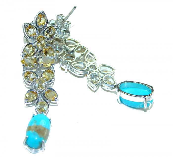 Luxurious Genuine Turquoise 12.5 Carat Citrine .925 Sterling Silver handcrafted Earrings - photo 2