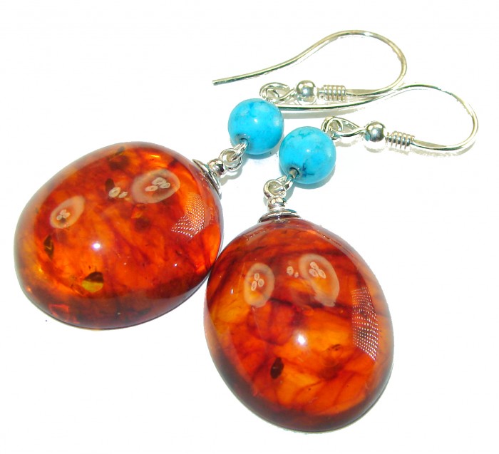 Baltic Polish Amber Turquoise .925 Sterling Silver Earrings - Amber and turquoise sterling silver earrings, front view close-up.