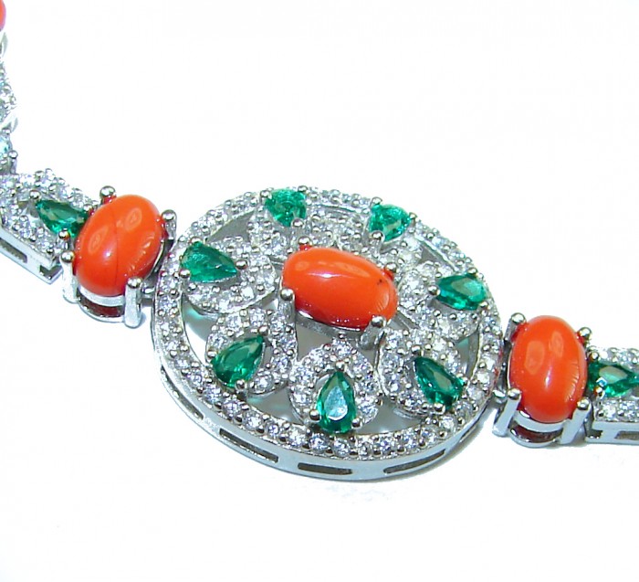 Serenity - 72.5 carat genuine Coral Emerald .925 Sterling Silver handmade Statement Bracelet - Close-up of Serenity bracelet with coral and emerald stones.
