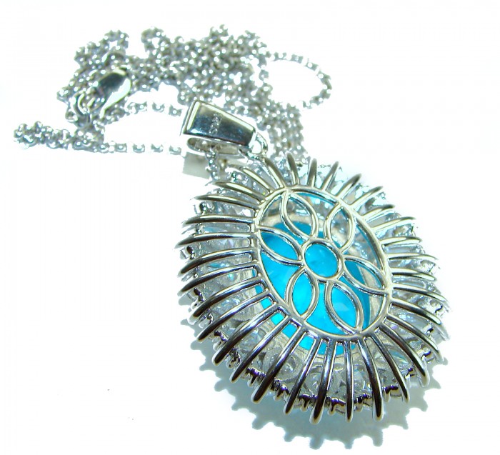 A Wild Ocean genuine 19.2 carat Paraiba Tourmaline .925 Sterling Silver handmade Statement necklace - Close-up of Wild Ocean necklace with blue Paraiba tourmaline stone.