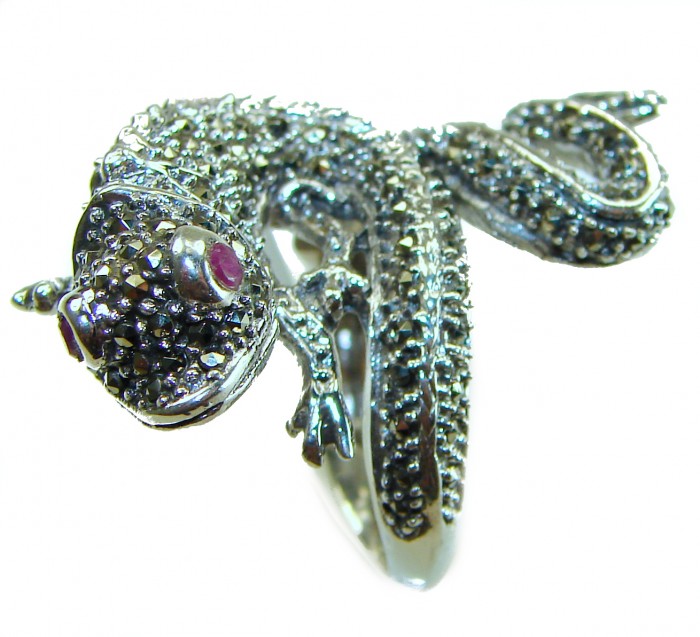 Lizard Natural Marcasite Ruby .925 Statement Sterling Silver ring size 8 - Close-up of lizard ring with marcasite and ruby, sterling silver.