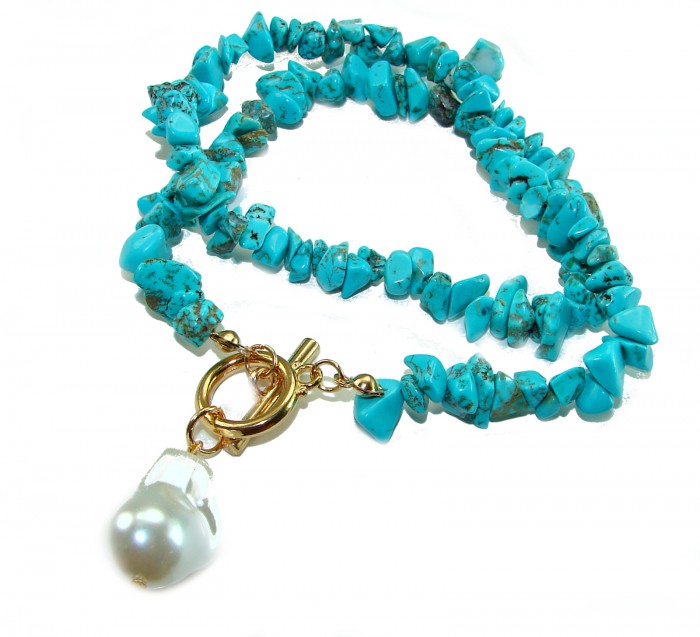 Luxurious natural Turquoise 14K Gold over .925 Sterling Silver handmade necklace - Turquoise necklace with gold clasp and pearl detail, top view.
