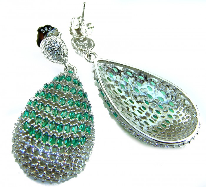 Magnificent Jewel - 17.5 carat natural EMERALD RHODIUM over .925 Sterling Silver handcrafted incredible earrings - Teardrop emerald earrings, top view, highlighting intricate details