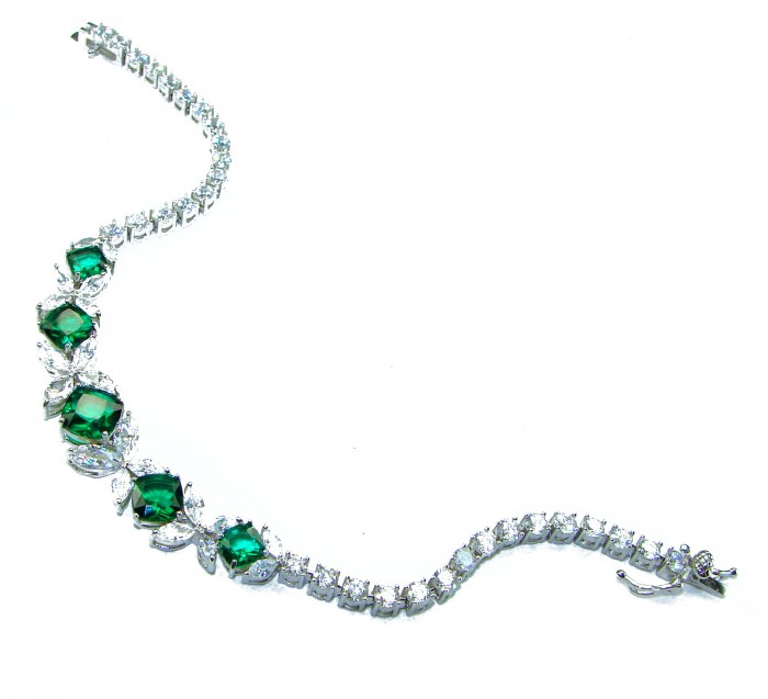 Gabriella 12.2 carat authentic Emerald rhodium over .925 Sterling Silver handcrafted Statement bracelet - Elegant emerald bracelet with clasp, featuring green stones and diamonds.