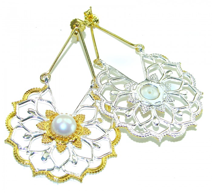 Long- Genuine Pearl 14K Gold over .925 Sterling Silver handcrafted Statement Earrings - Close-up of intricate pearl earrings in gold and silver.
