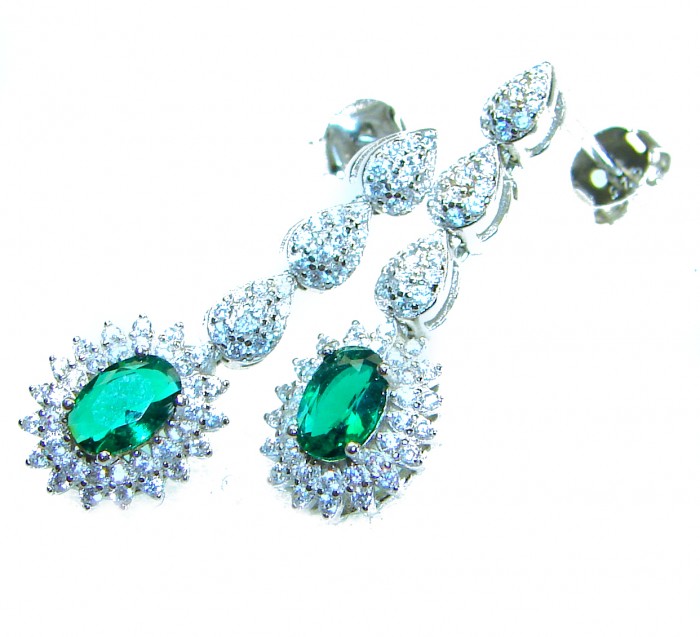 Gabriella 5.2 carat authentic Emerald rhodium over .925 Sterling Silver handcrafted Statement earrings - Emerald earrings with diamond accents, front view detail