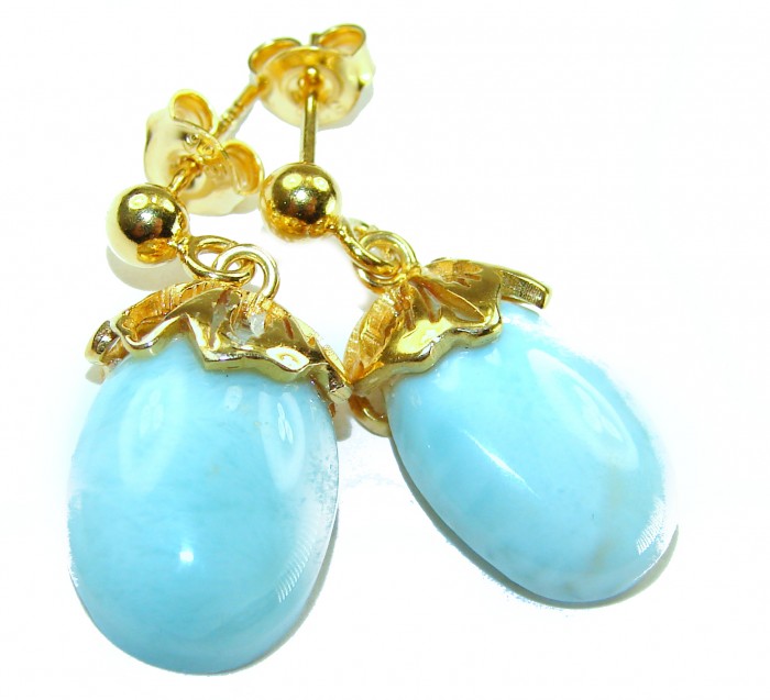 Genuine 10.5 carat Blue Larimar 14K Gold over .925 Sterling Silver handmade earrings - Close-up of blue larimar earrings with 14K gold over sterling silver.